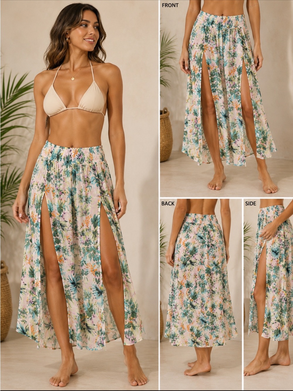 Kona Sol Floral High-Low Double-Slit Maxi Skirt - Cream, Green, Peach